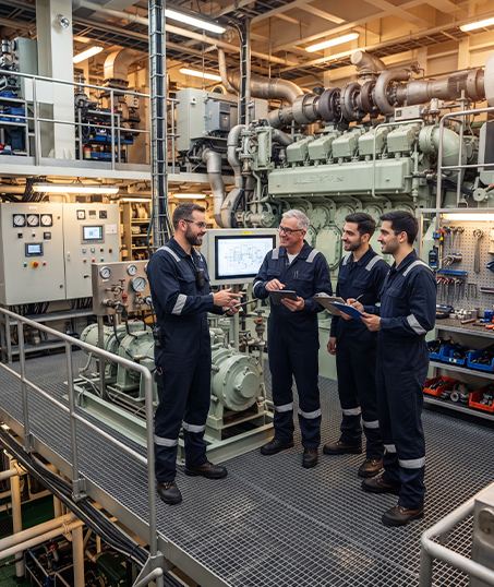 Marine engineers reviewing engine room equipment
